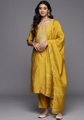 Mustard Yellow Embroidererd Viscose Blend Salwar Kameez With Dupatta