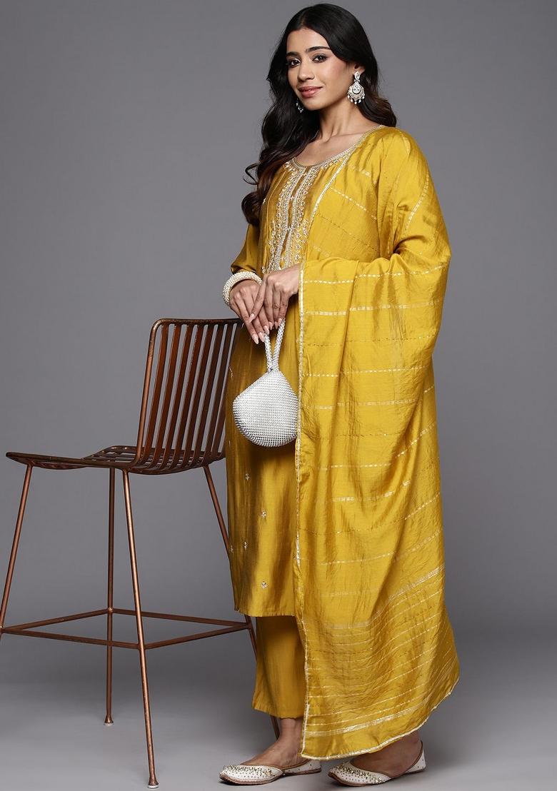 Mustard Yellow Embroidererd Viscose Blend Salwar Kameez With Dupatta