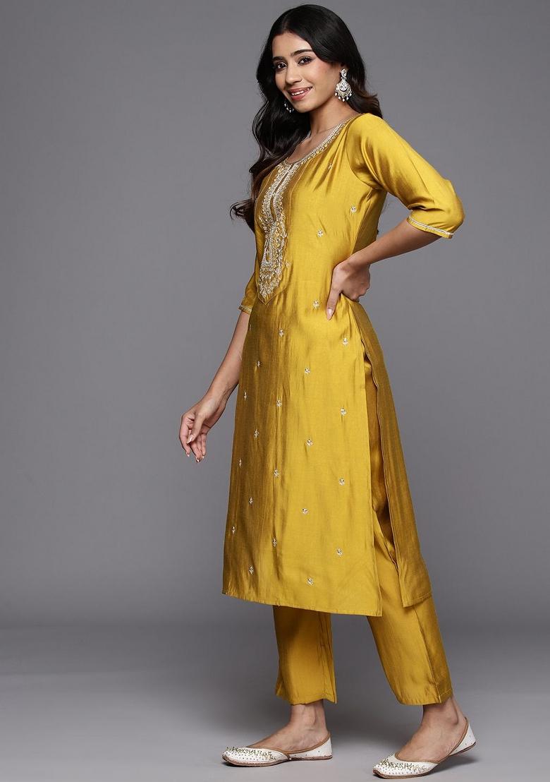 Mustard Yellow Embroidererd Viscose Blend Salwar Kameez With Dupatta