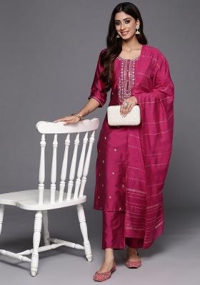 Raspberry Pink Embroidererd Viscose Blend Salwar Kameez With Dupatta