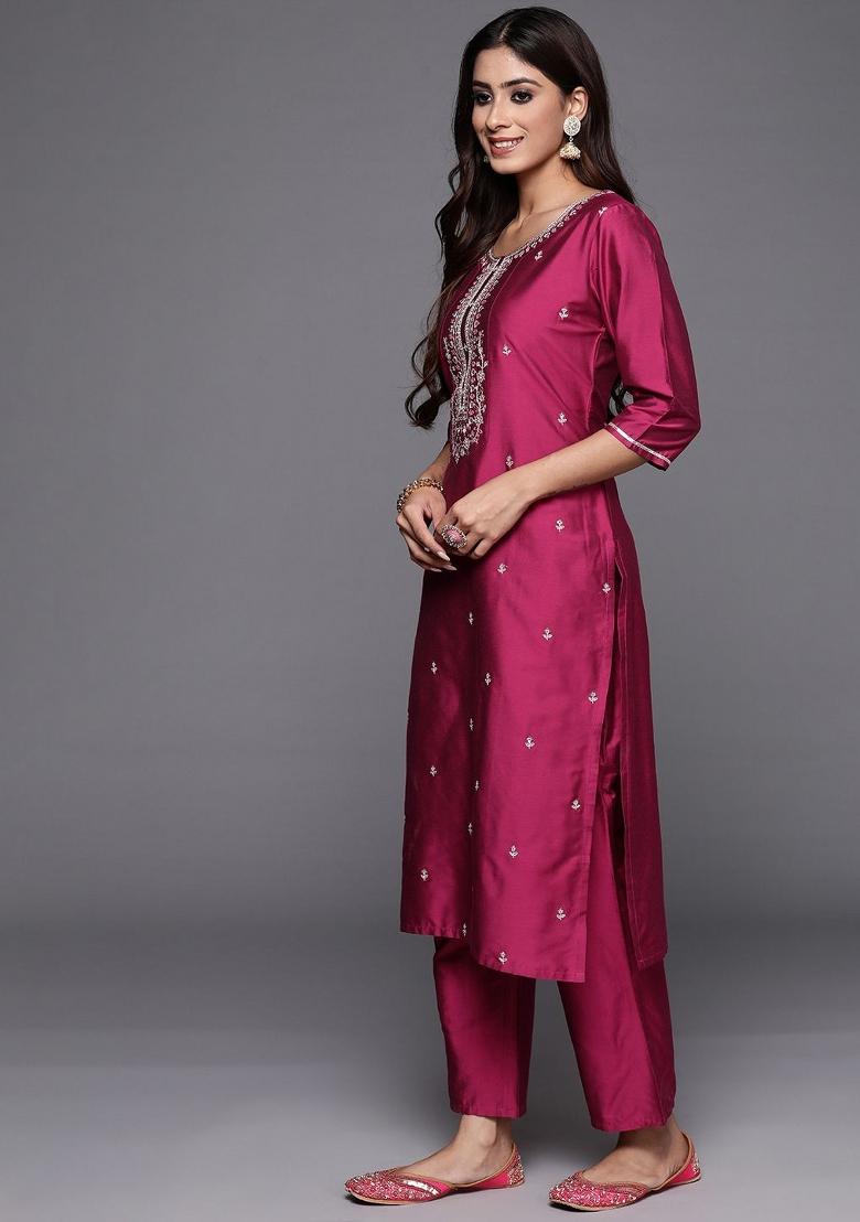 Raspberry Pink Embroidererd Viscose Blend Salwar Kameez With Dupatta