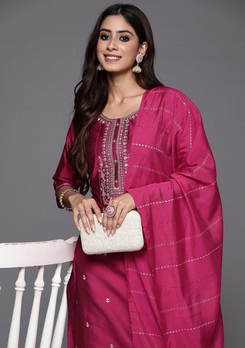 Raspberry Pink Embroidererd Viscose Blend Salwar Kameez With Dupatta