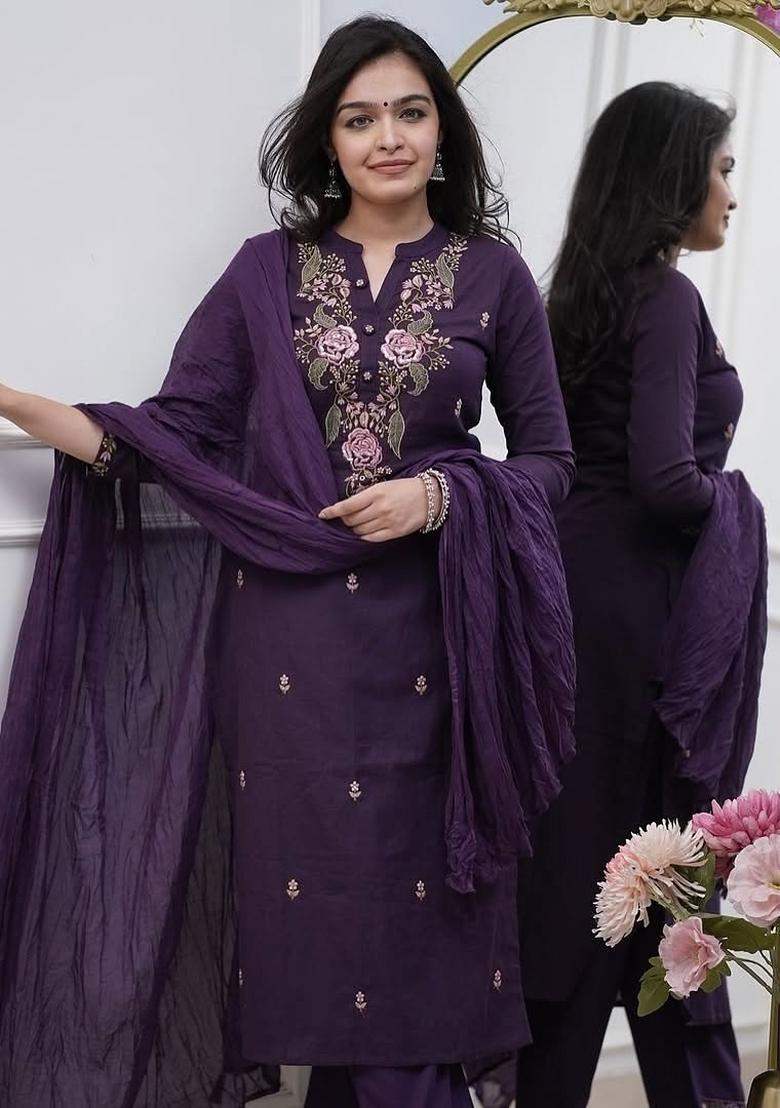 Dark Purple Embroidererd Rayon Salwar Kameez With Dupatta