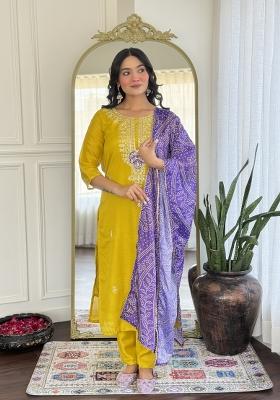 Mustard Yellow Embroidererd Vichitra Silk Salwar Kameez With Dupatta