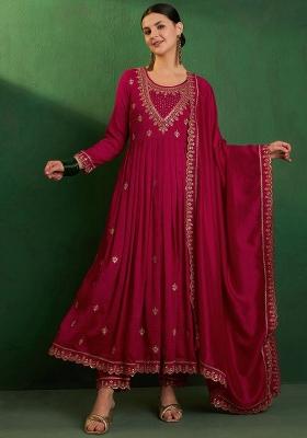 Raspberry Pink Embroidererd Vichitra Silk Anarkali Set With Dupatta