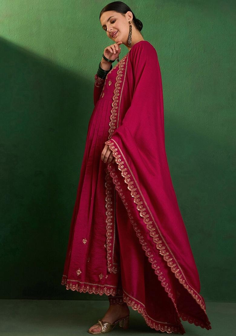 Raspberry Pink Embroidererd Vichitra Silk Anarkali Set With Dupatta