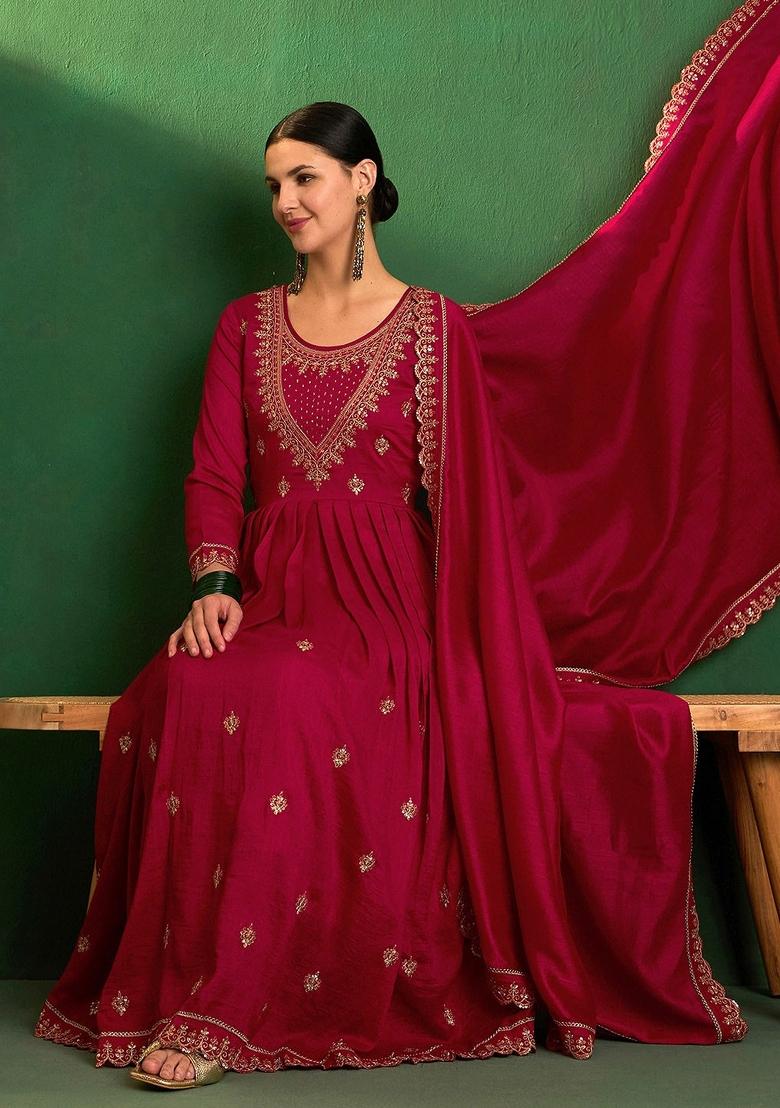Raspberry Pink Embroidererd Vichitra Silk Anarkali Set With Dupatta