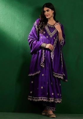 Purple Embroidererd Vichitra Silk Anarkali Set With Dupatta