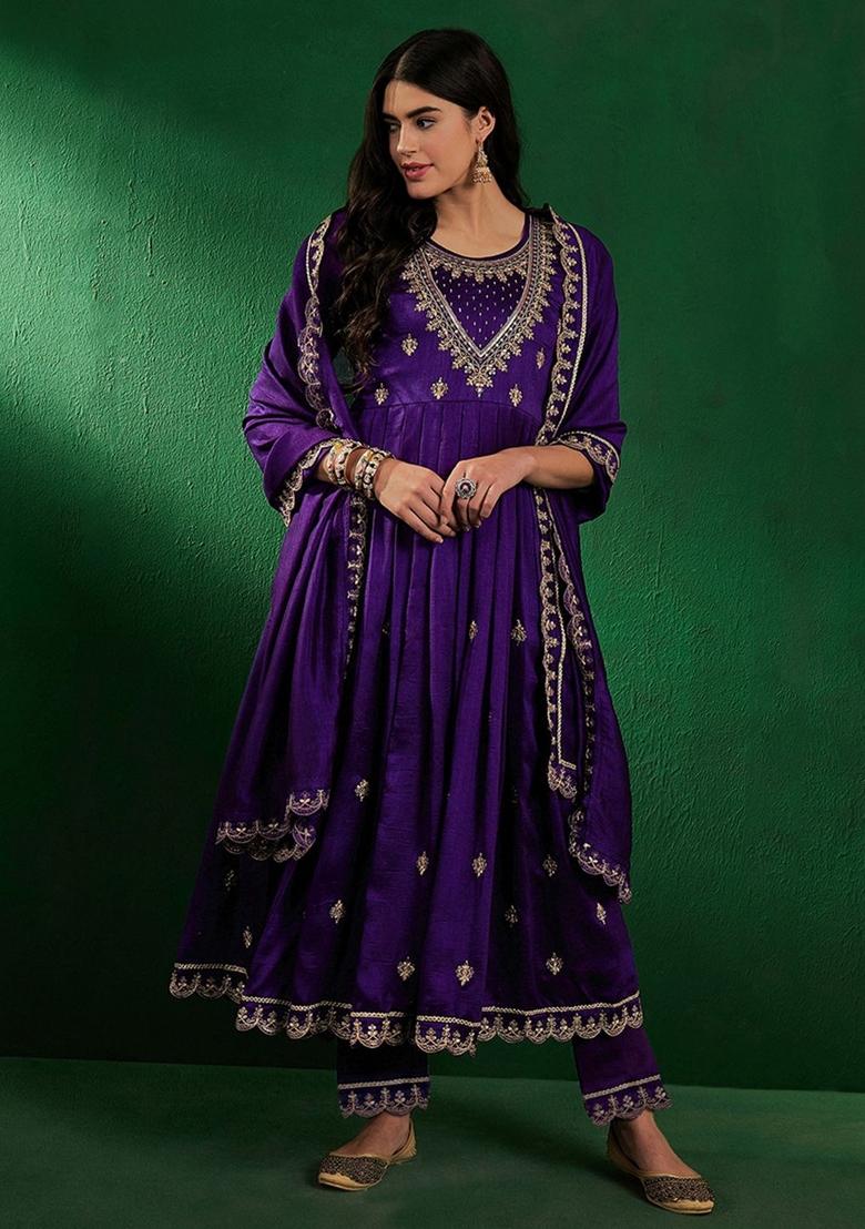 Purple Embroidererd Vichitra Silk Anarkali Set With Dupatta