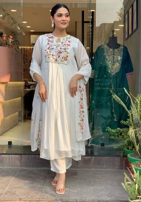 White Embroidererd Viscose Chinon Salwar Kameez With Dupatta