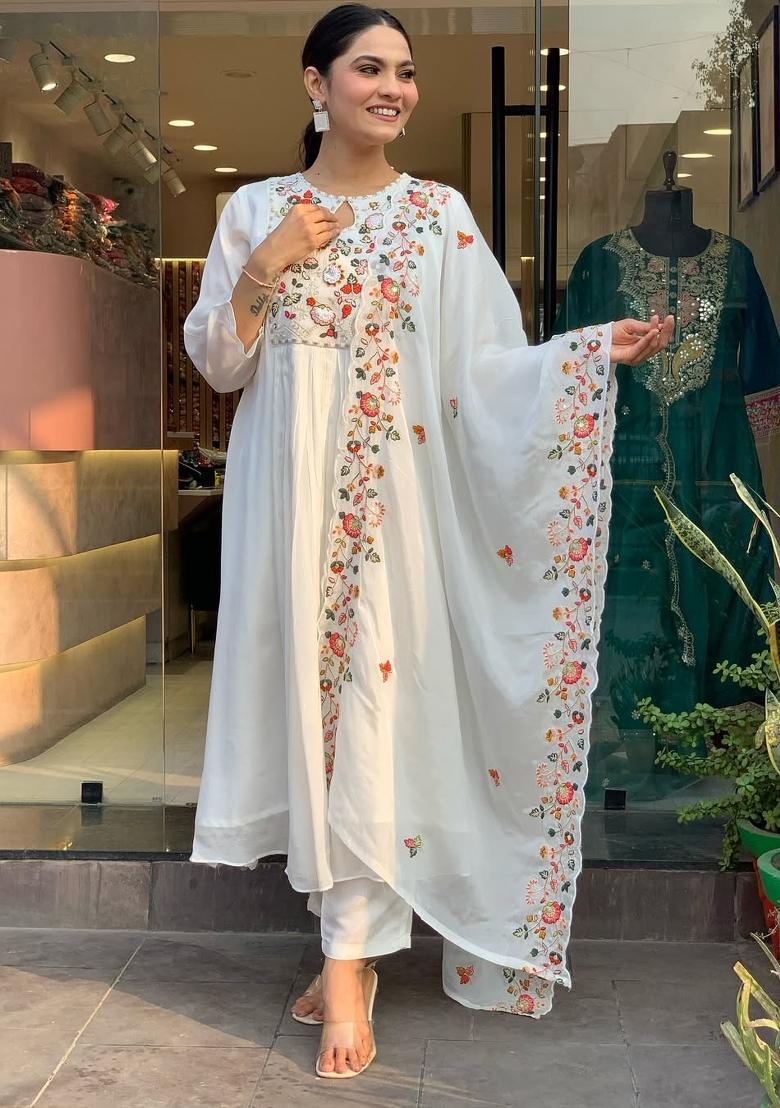 White Embroidererd Viscose Chinon Salwar Kameez With Dupatta