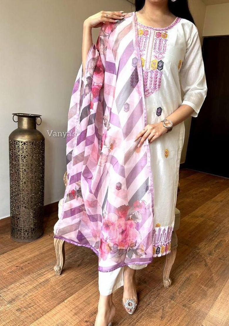 Off White Embroidererd Viscose Chanderi Salwar Kameez With Dupatta