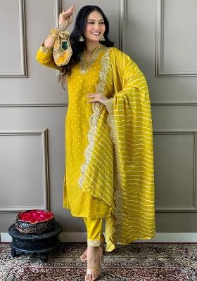 Yellow Embroidererd Vichitra Silk Salwar Kameez With Dupatta