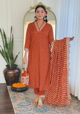 Rust Brown Embroidererd Vichitra Silk Salwar Kameez With Dupatta