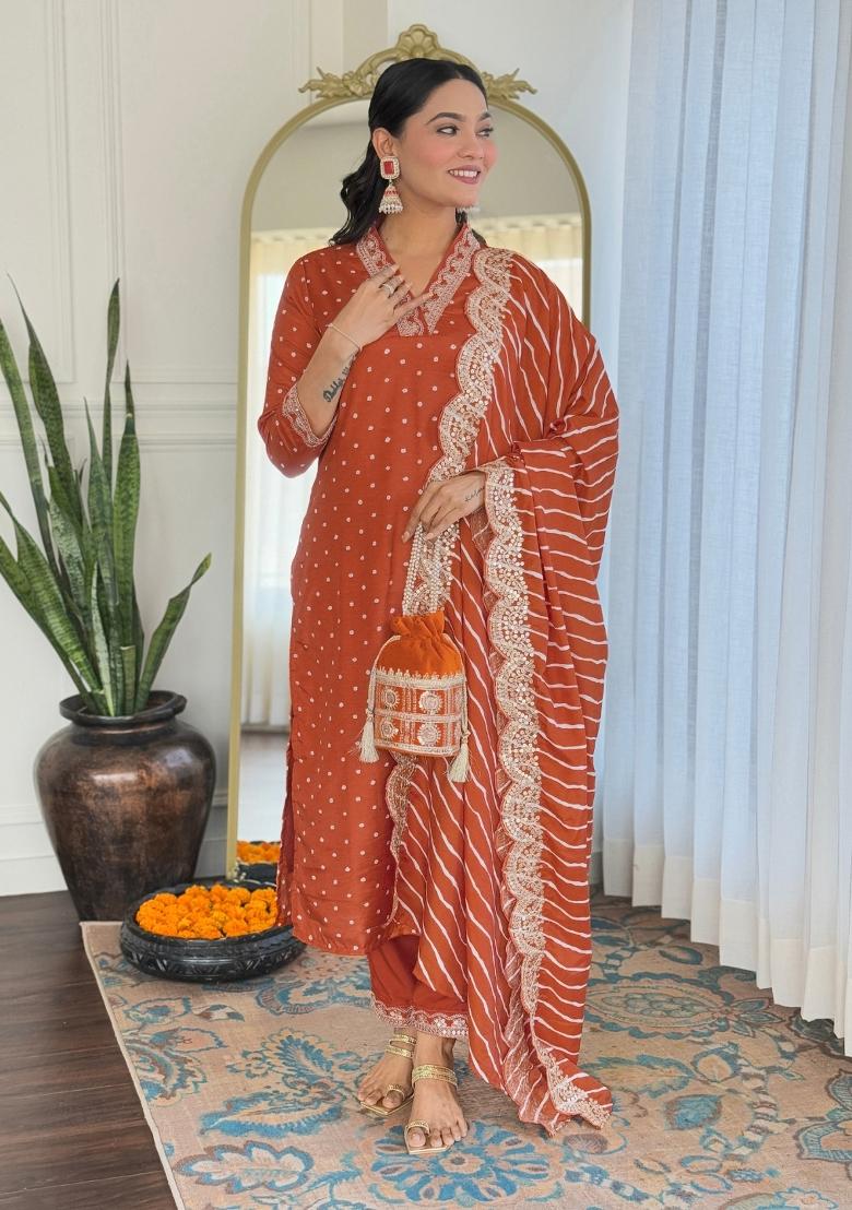 Rust Brown Embroidererd Vichitra Silk Salwar Kameez With Dupatta