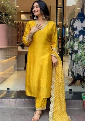 Mustard Yellow Embroidererd Vichitra Silk Salwar Kameez With Dupatta