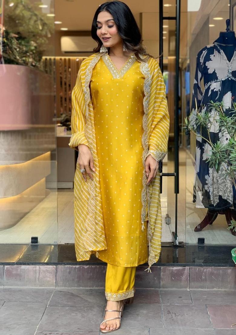 Mustard Yellow Embroidererd Vichitra Silk Salwar Kameez With Dupatta