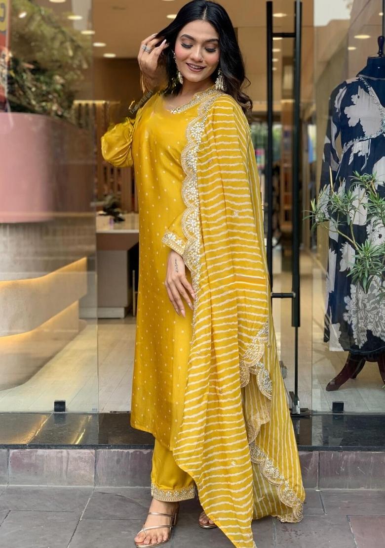 Mustard Yellow Embroidererd Vichitra Silk Salwar Kameez With Dupatta