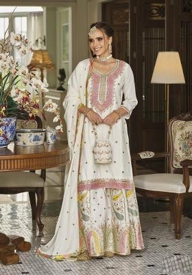 White Embroidererd Silk Palazzo Set With Dupatta