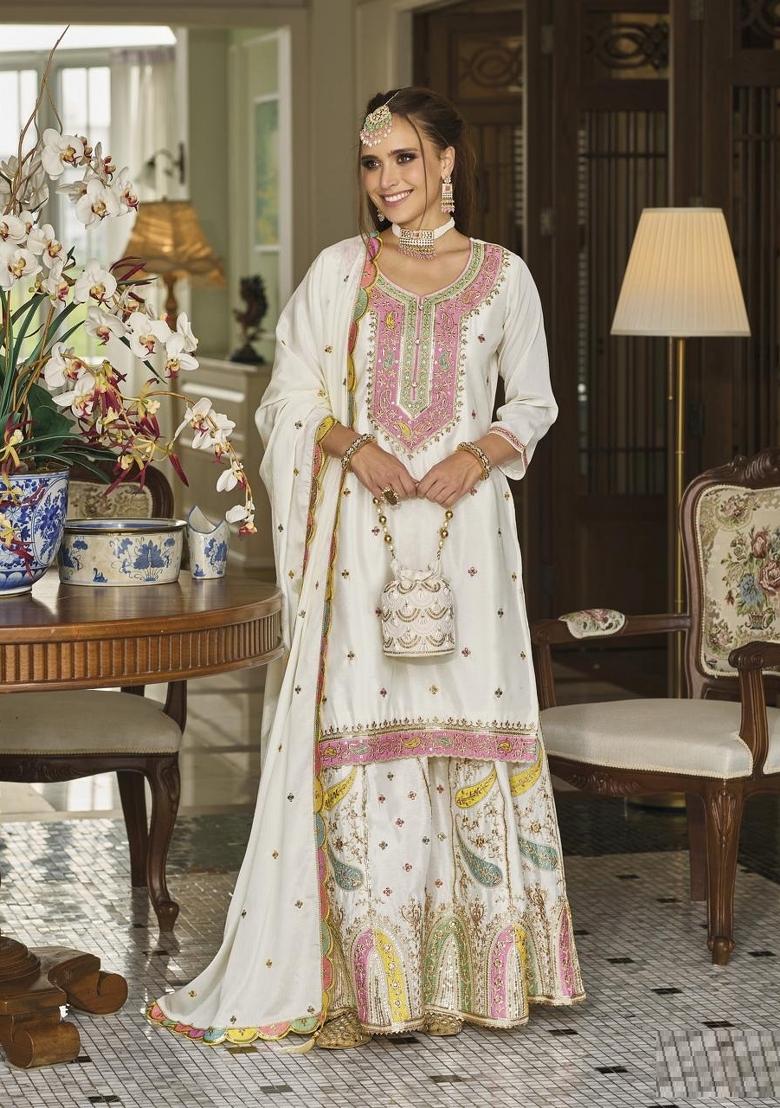 White Embroidererd Silk Palazzo Set With Dupatta