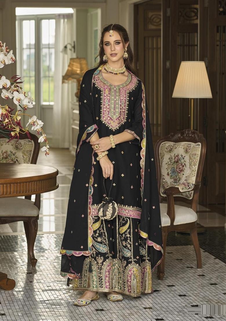 Black Embroidererd Silk Palazzo Set With Dupatta