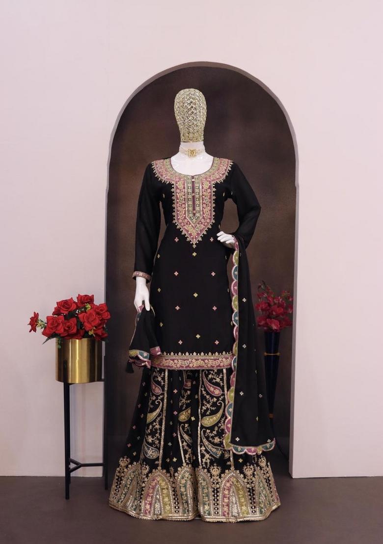 Black Embroidererd Silk Palazzo Set With Dupatta