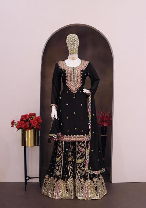 Black Embroidererd Silk Palazzo Set With Dupatta