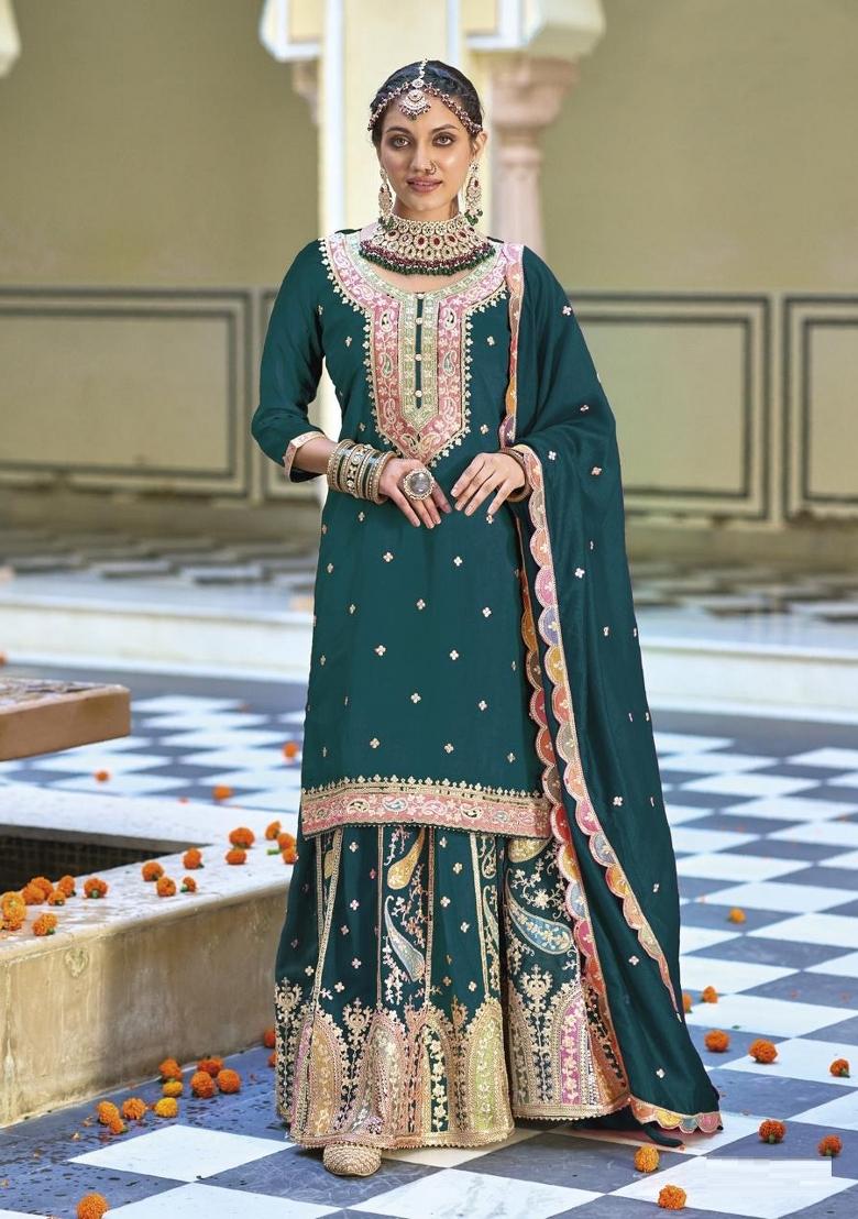 Dark Green Embroidererd Silk Palazzo Set With Dupatta