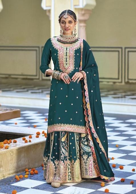 Dark Green Embroidererd Silk Palazzo Set With Dupatta