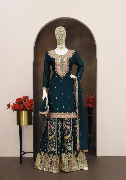 Dark Green Embroidererd Silk Palazzo Set With Dupatta