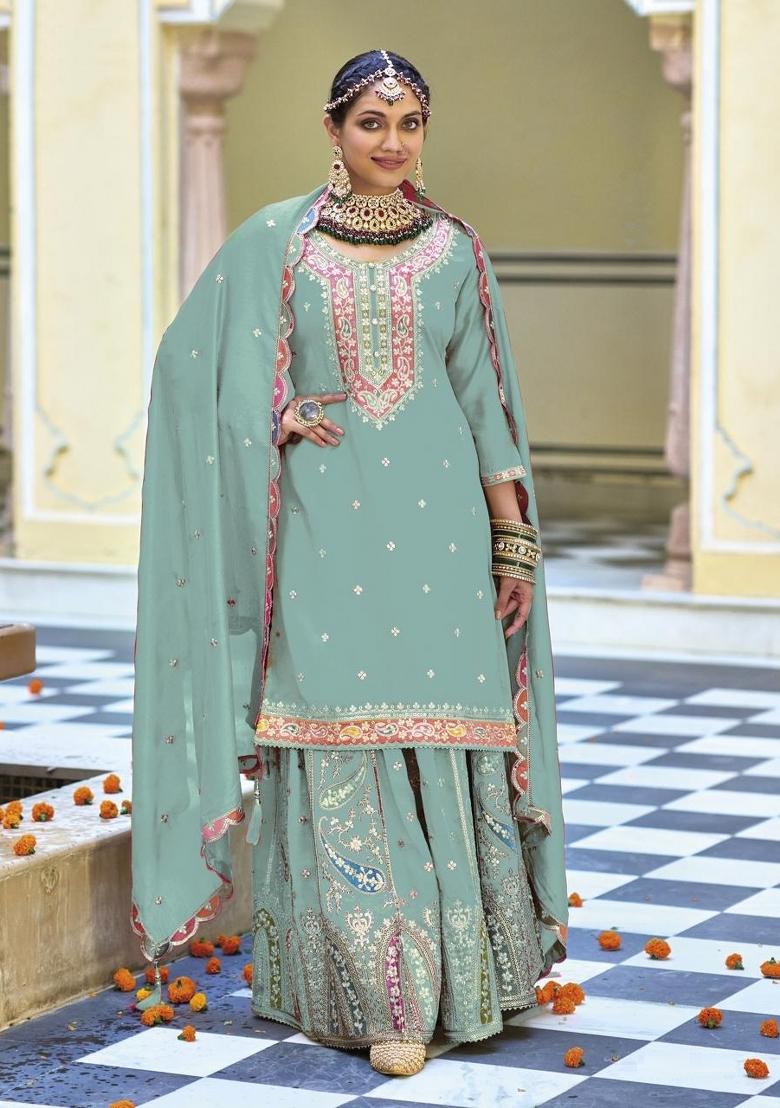 Sky Blue Embroidererd Silk Palazzo Set With Dupatta