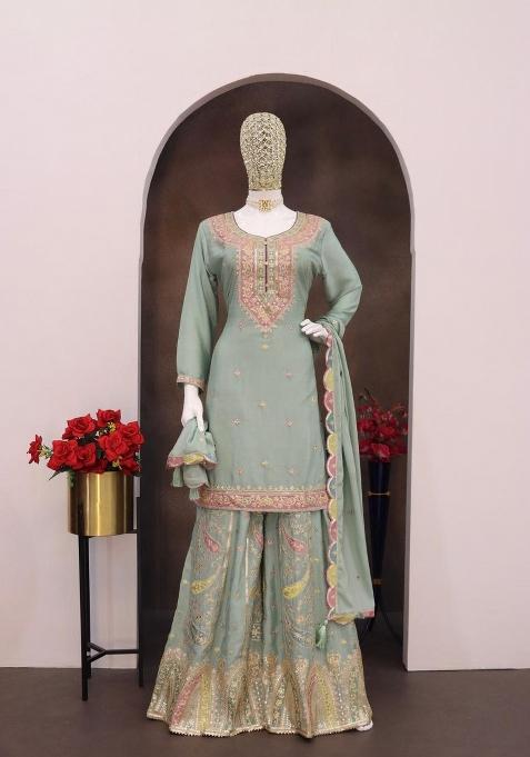 Sky Blue Embroidererd Silk Palazzo Set With Dupatta