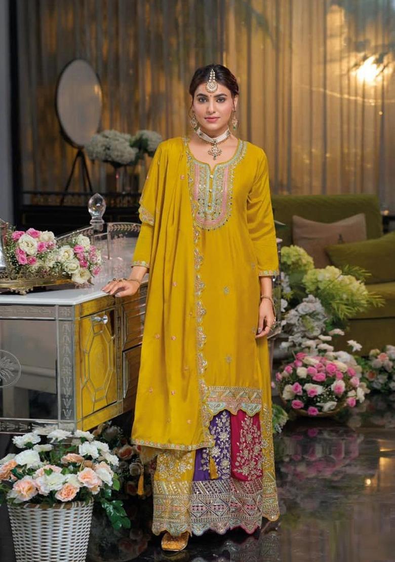 Yellow Embroidererd Silk Palazzo Set With Dupatta