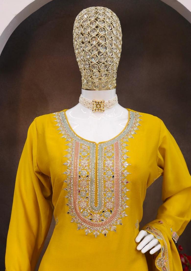 Yellow Embroidererd Silk Palazzo Set With Dupatta