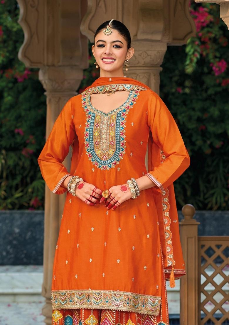 Orange Embroidererd Silk Palazzo Set With Dupatta