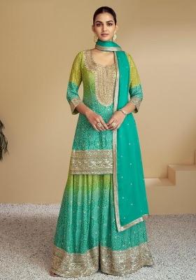 Green Embroidererd Silk Palazzo Set With Dupatta
