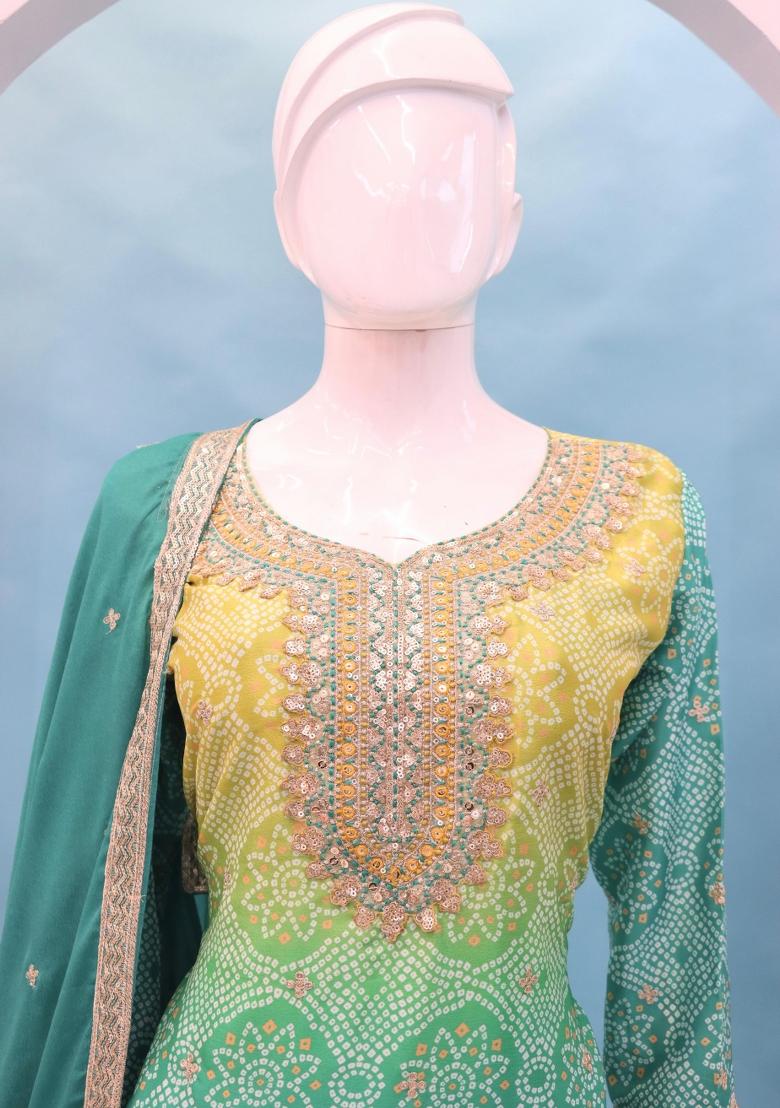 Green Embroidererd Silk Palazzo Set With Dupatta