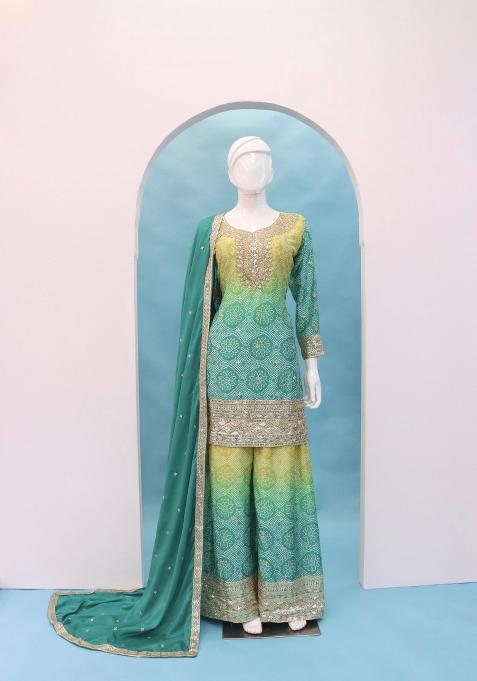 Green Embroidererd Silk Palazzo Set With Dupatta