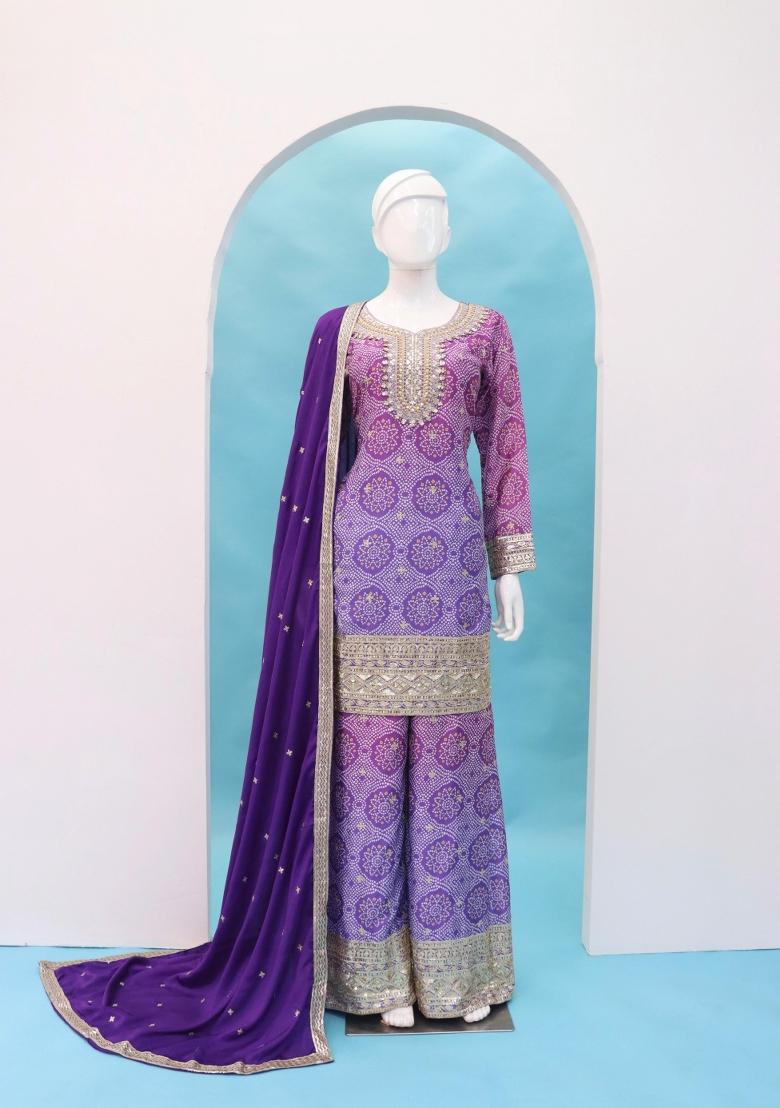 Lavender Embroidererd Silk Palazzo Set With Dupatta