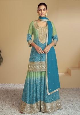 Blue Embroidererd Silk Palazzo Set With Dupatta
