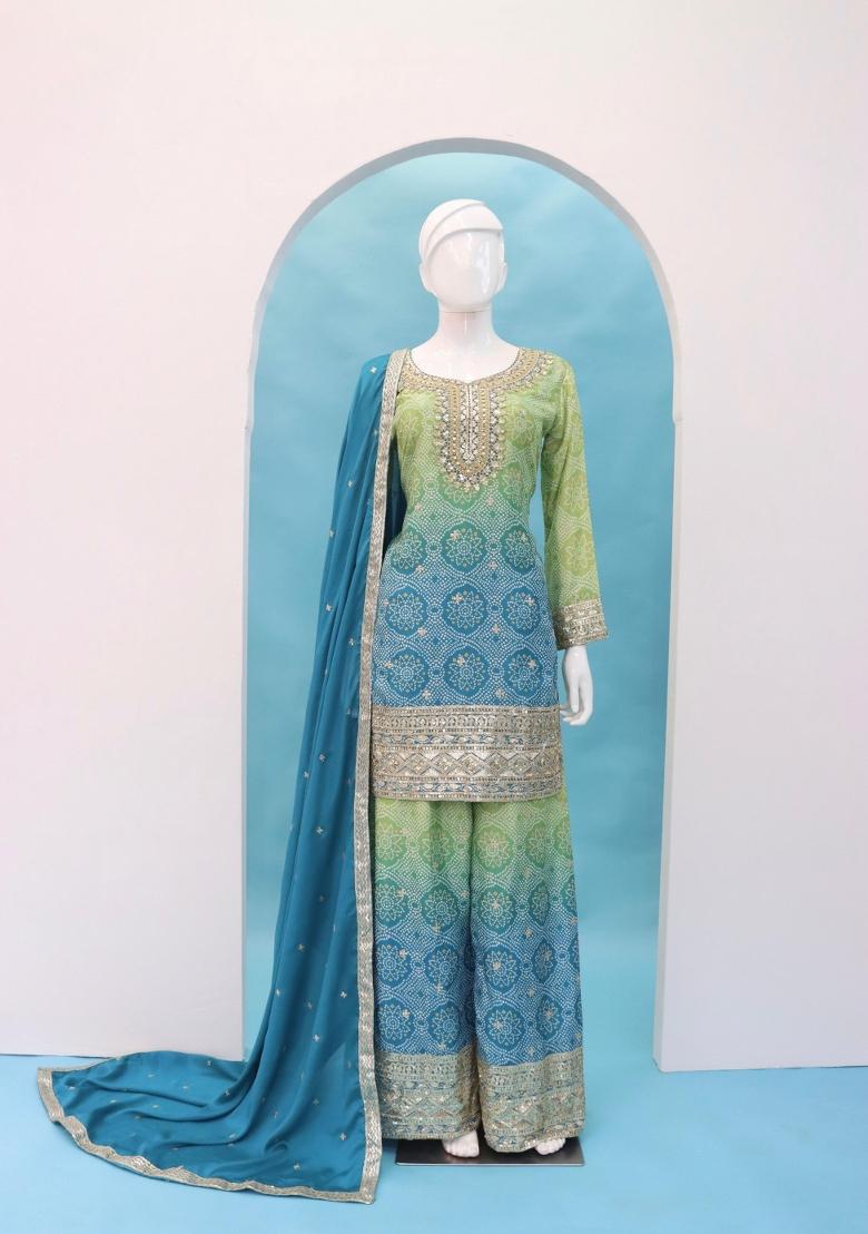 Blue Embroidererd Silk Palazzo Set With Dupatta