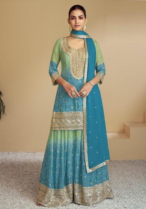 Blue Embroidererd Silk Palazzo Set With Dupatta