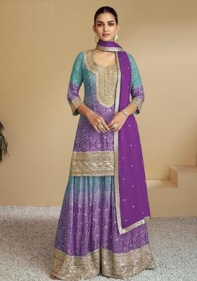 Purple Embroidererd Silk Palazzo Set With Dupatta