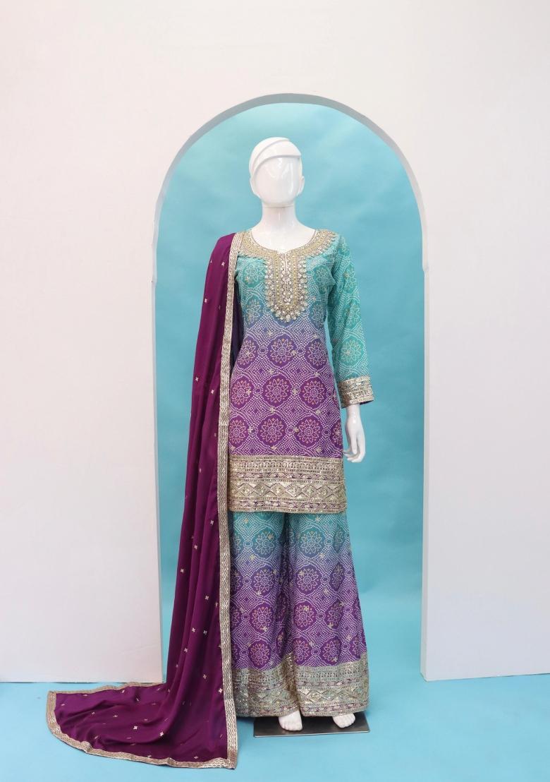 Purple Embroidererd Silk Palazzo Set With Dupatta