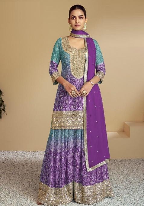 Purple Embroidererd Silk Palazzo Set With Dupatta