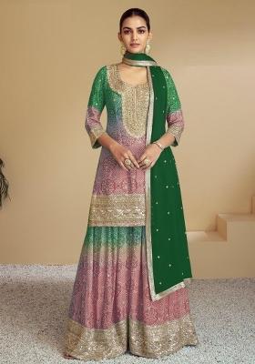 Peach Embroidererd Silk Palazzo Set With Dupatta