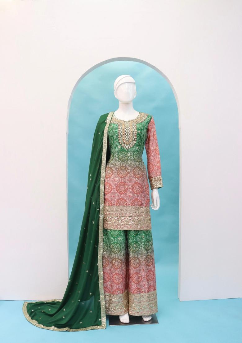 Peach Embroidererd Silk Palazzo Set With Dupatta