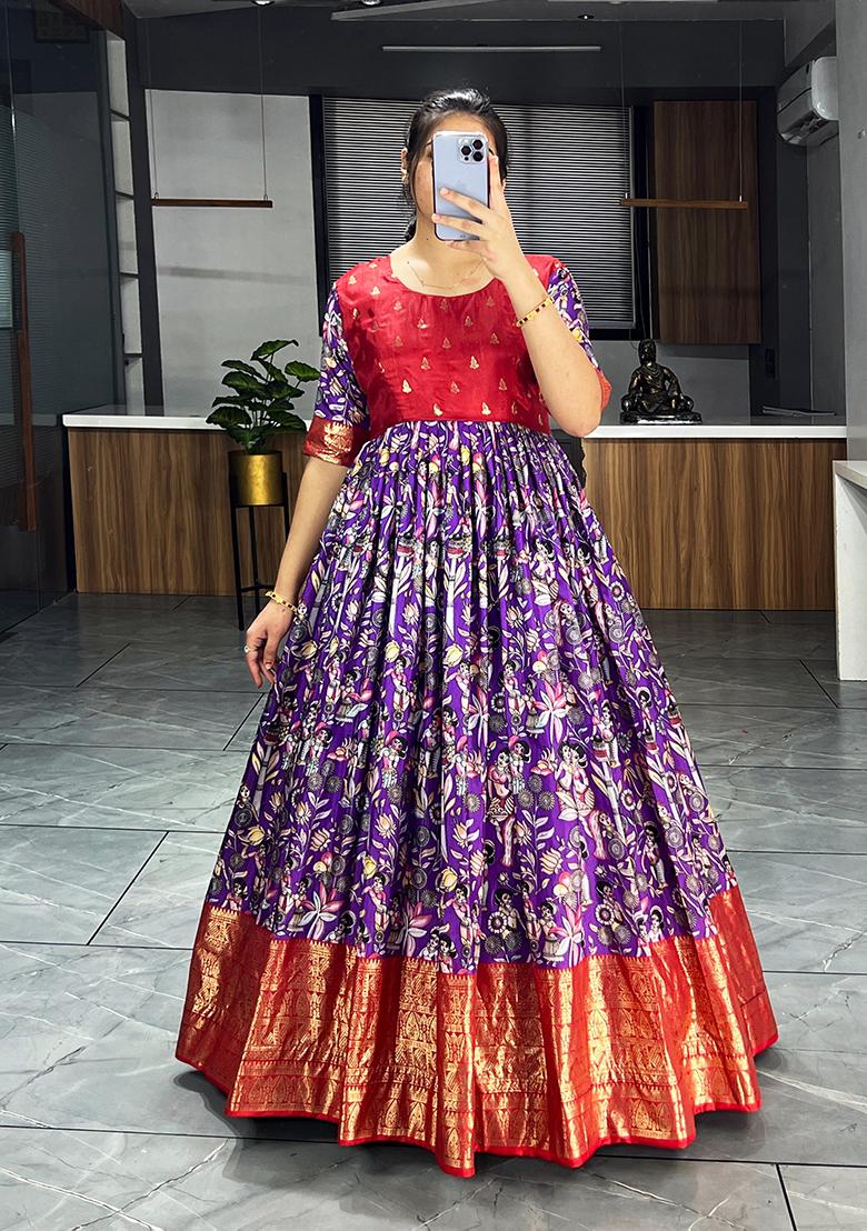 Purple Printed Silk Gown