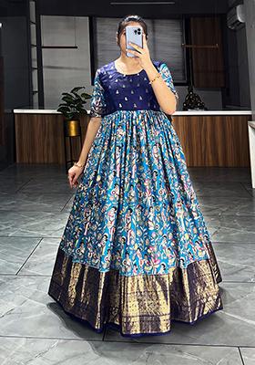 Firozi Blue Printed Silk Gown