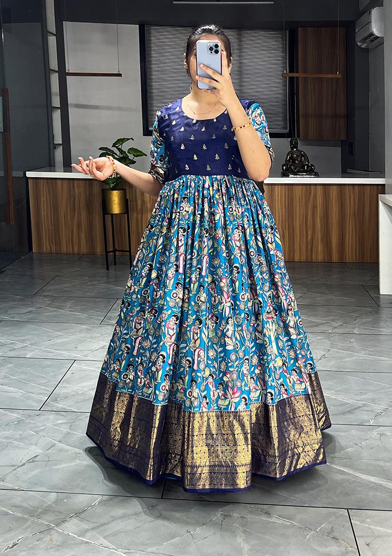 Firozi Blue Printed Silk Gown